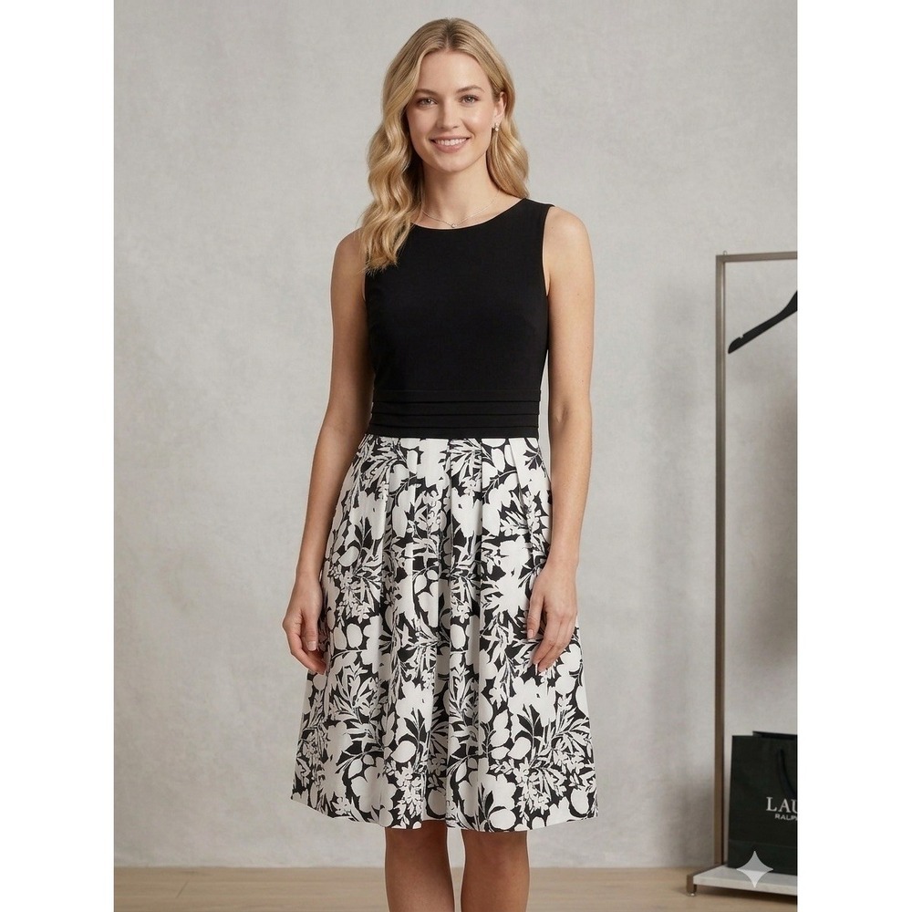 Lauren Ralph Lauren Black Floral Fit & Flare Dress Pleated Waist Size 12